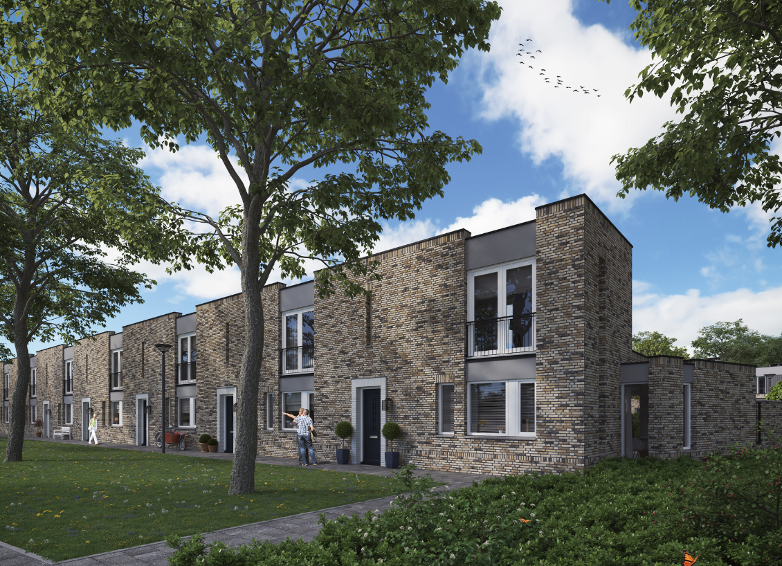 Rij van moderne, brick-witte woningen met grote ramen en kleine balkonnetjes, omringd door groen bomen en struiken, onder een blauwe hemel met wolken.