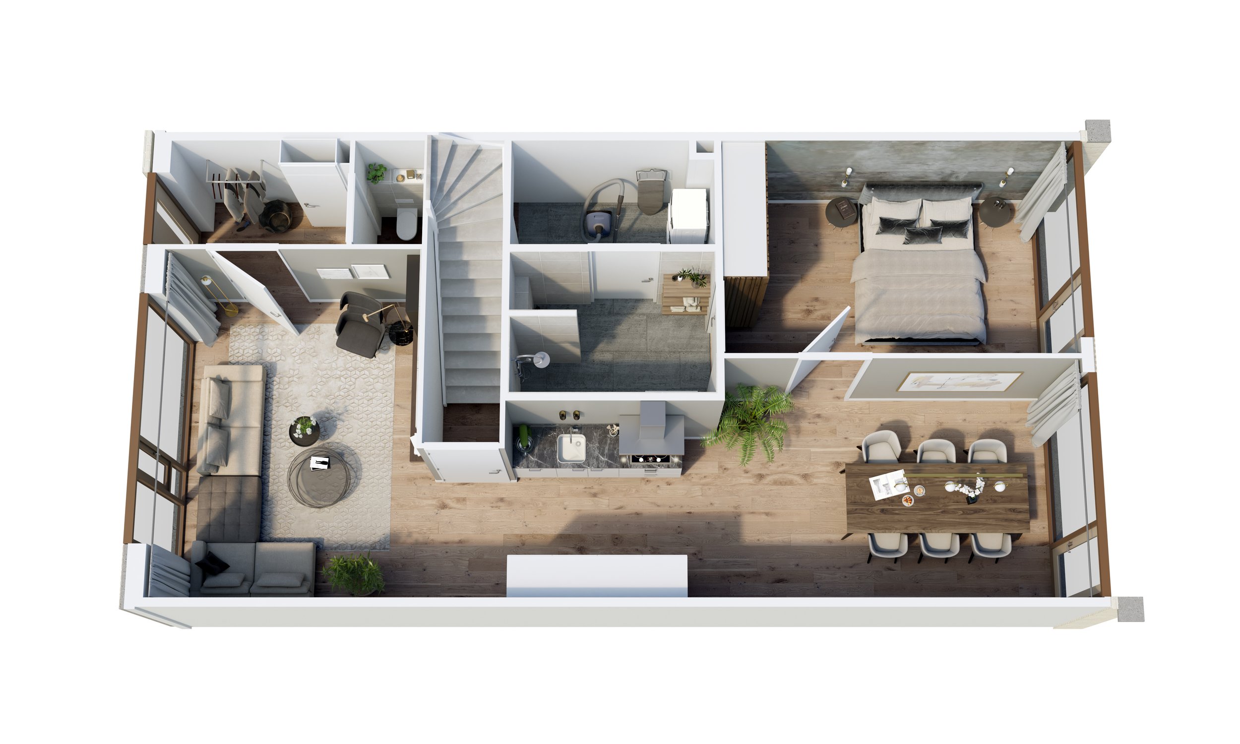 Een digitale plattegrond van een appartement met woon- en eetkamer, keukengedeelte, slaapkamer, badkamer en toilet.
