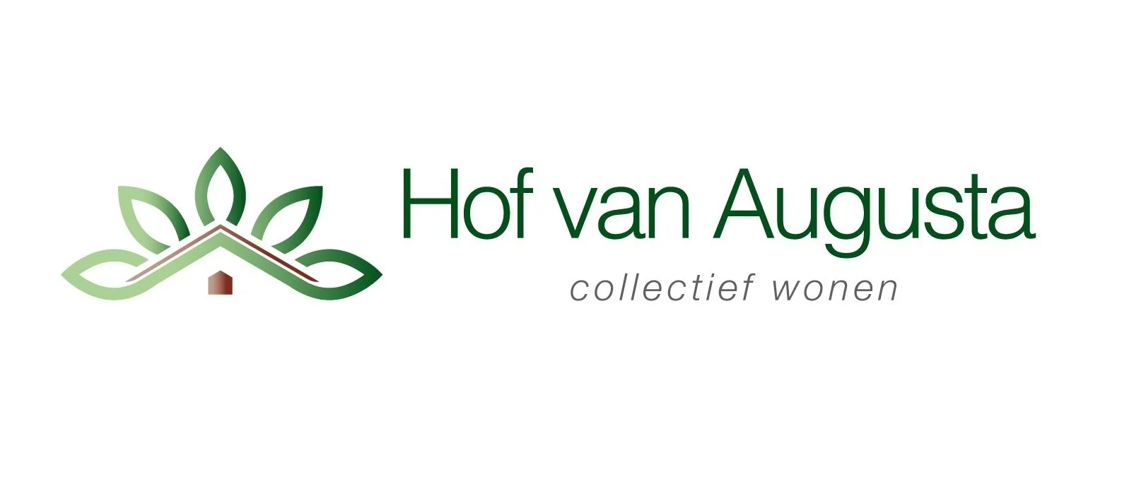 Logo van Hof van Augusta met een huis en groene bladeren, en de tekst 'Hof van Augusta collectief wonen'.