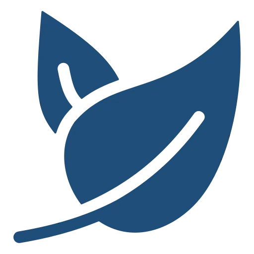 An icon depicting a stylized blue leaf with a curved line representing the leaf's central vein and an abstract shape.