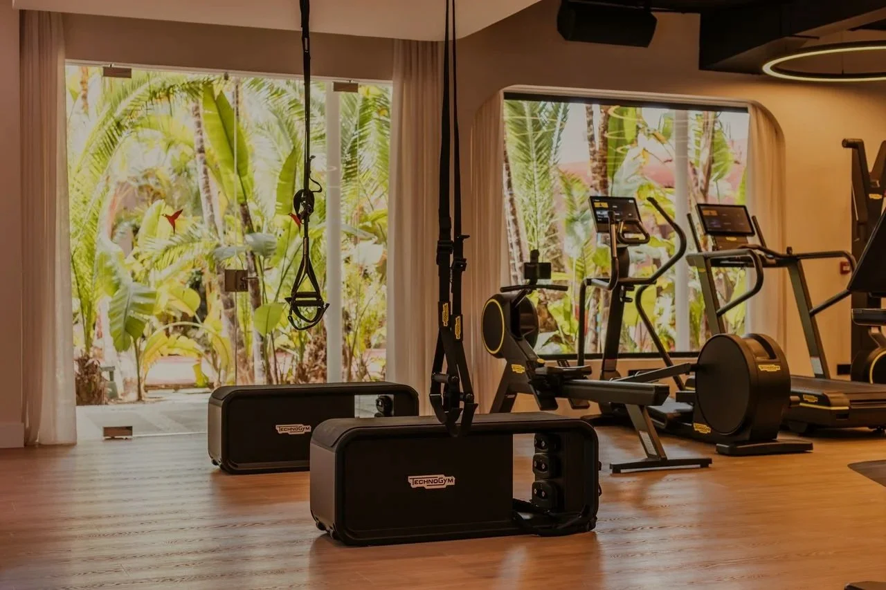 Indoor gym with workout equipment including rowing machines, elliptical trainers, and resistance bands, with large windows showing a leafy outdoor view.