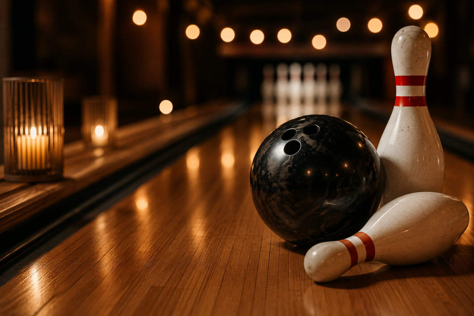 Bowlingkugeln und -hanteln auf einer Bowlingbahn mit Kerzenbeleuchtung im Hintergrund.