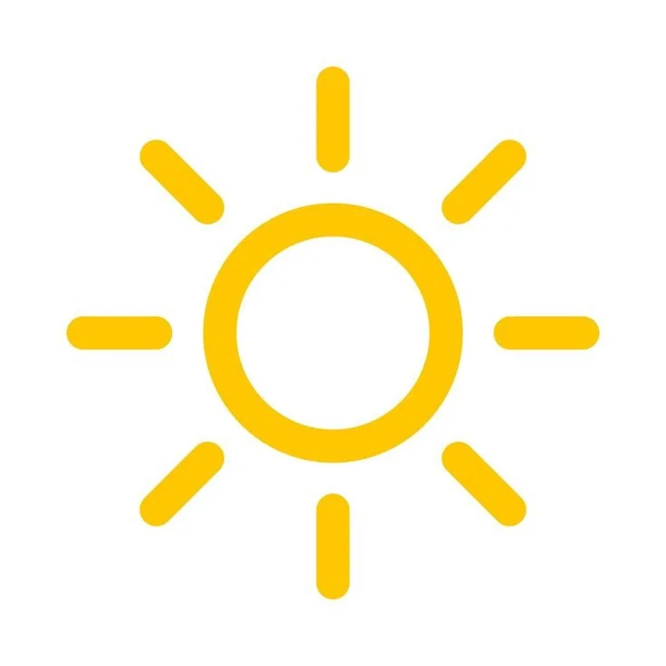 Ein einfaches, stilisiertes Symbol der Sonne in gelber Farbe mit einem Kreis in der Mitte und Strahlen drumherum.