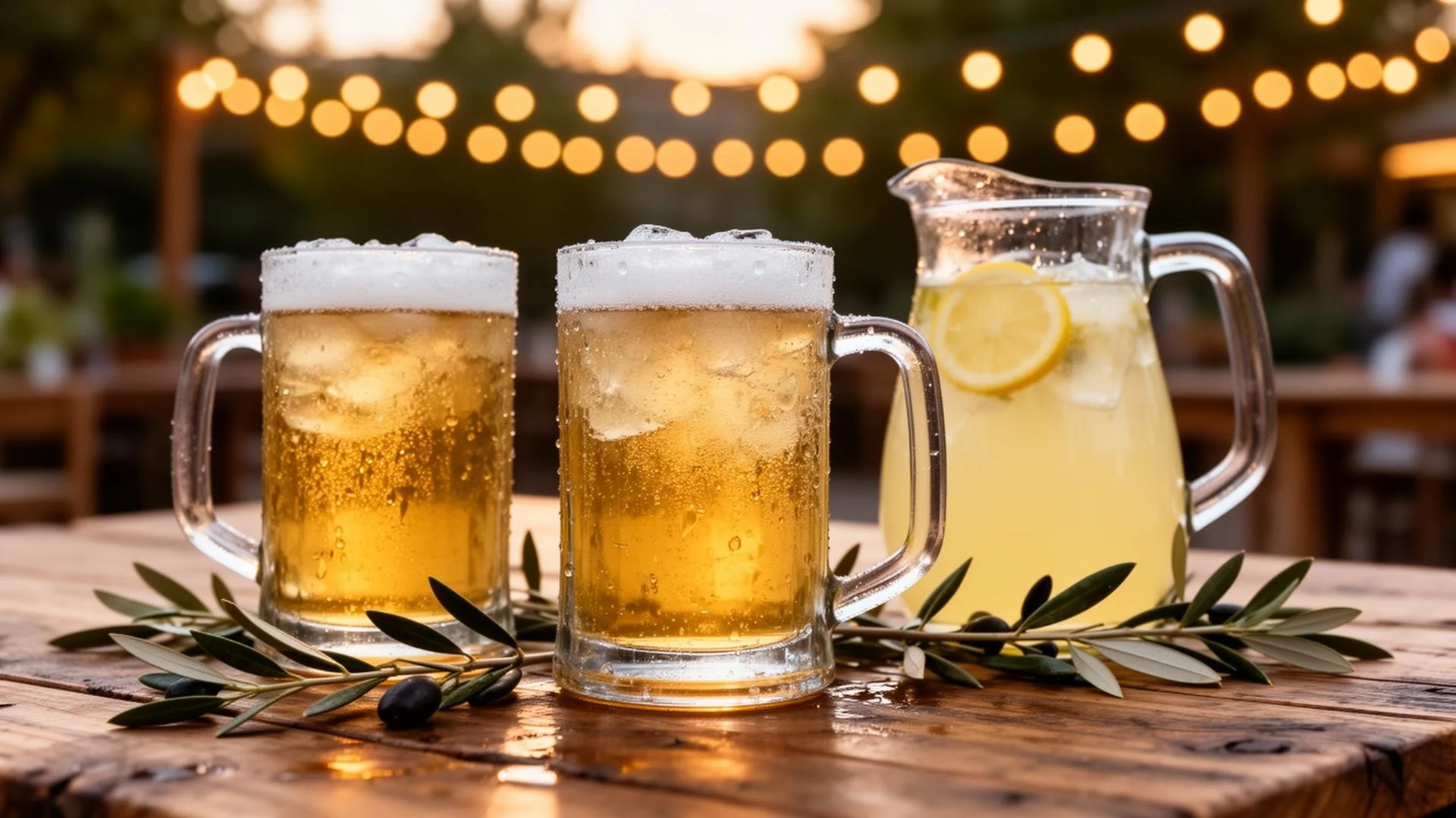 Zwei Bierkrüge mit kaltem Bier und Schaum, eine Zitronenlimonade mit Zitronenscheiben in einer Glas Karaffe, auf einem Holztisch mit Olivenzweigen, im Hintergrund Lichter bei Sonnenuntergang.