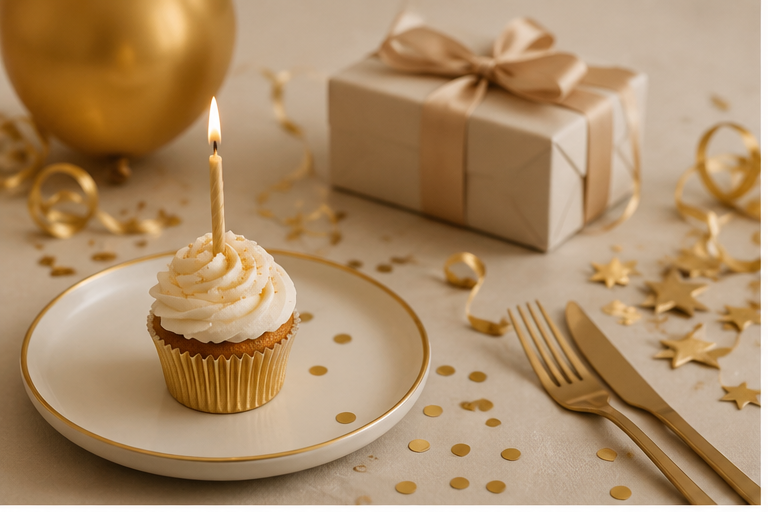 Ein Cupcake mit Kerze auf einem Teller, im Hintergrund Geschenk, Goldballon und Dekorationssterne und -spiralen auf einem Tisch.