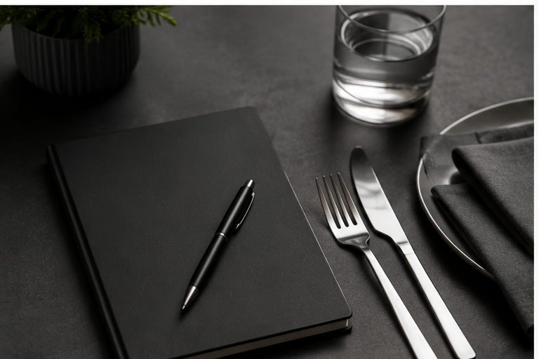 Tischgedeck mit schwarzem Notizbuch, Kugelschreiber, Wasser Glas, Messer, Gabel, schwarzem Besteck und Stoffserviette auf einem dunklen Tisch.
