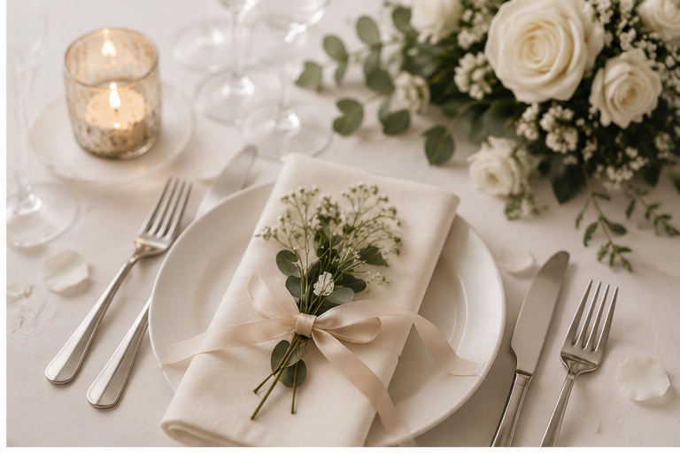 Eleganter Tisch mit weißen Blumen, Kerze und Besteck, vorbereitet für eine Feier oder Hochzeit.