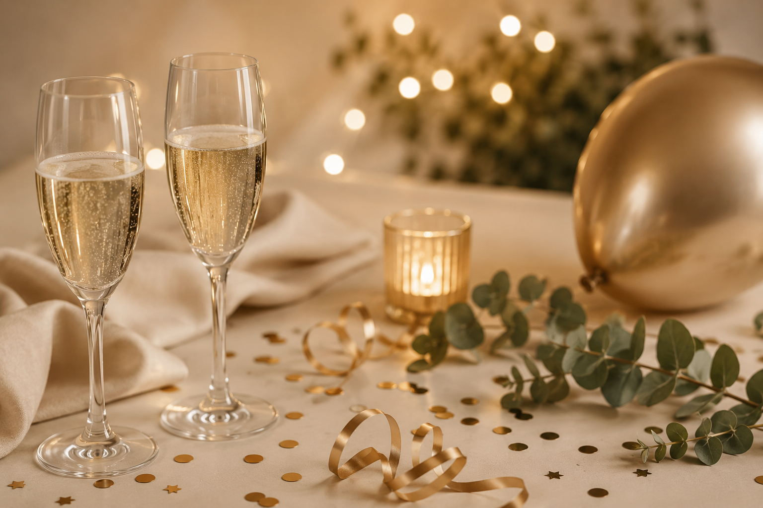 Zwei Sektgläser in einer festlichen Dekoration mit Goldballon, Kerzenlicht, Eukalyptuszweigen, Goldkonfetti und einem Weihnachtsbaum im Hintergrund.