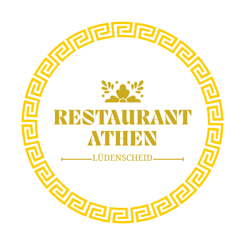 Logo des Restaurants Athen in Lüdenschied mit goldener griechischer Musterumrahmung und Name in Goldfarbe.