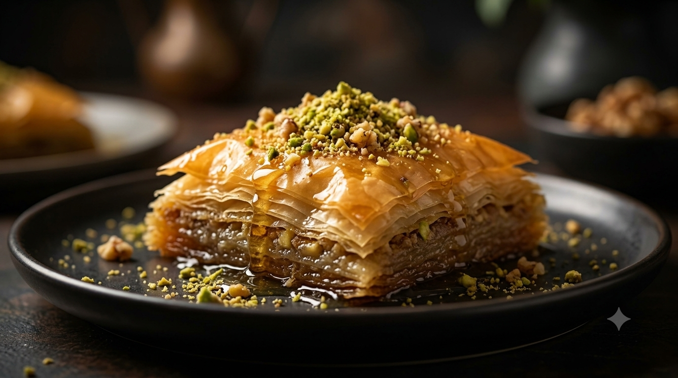 Ein Stück Baklava mit gehackten Pistazien auf einem schwarzen Teller, im Hintergrund sind weitere Teller mit ähnlichem Dessert. Das Baklava ist goldbraun, mit geschichtetem Blätterteig und Nussfüllung, mit Sirup überzogen.