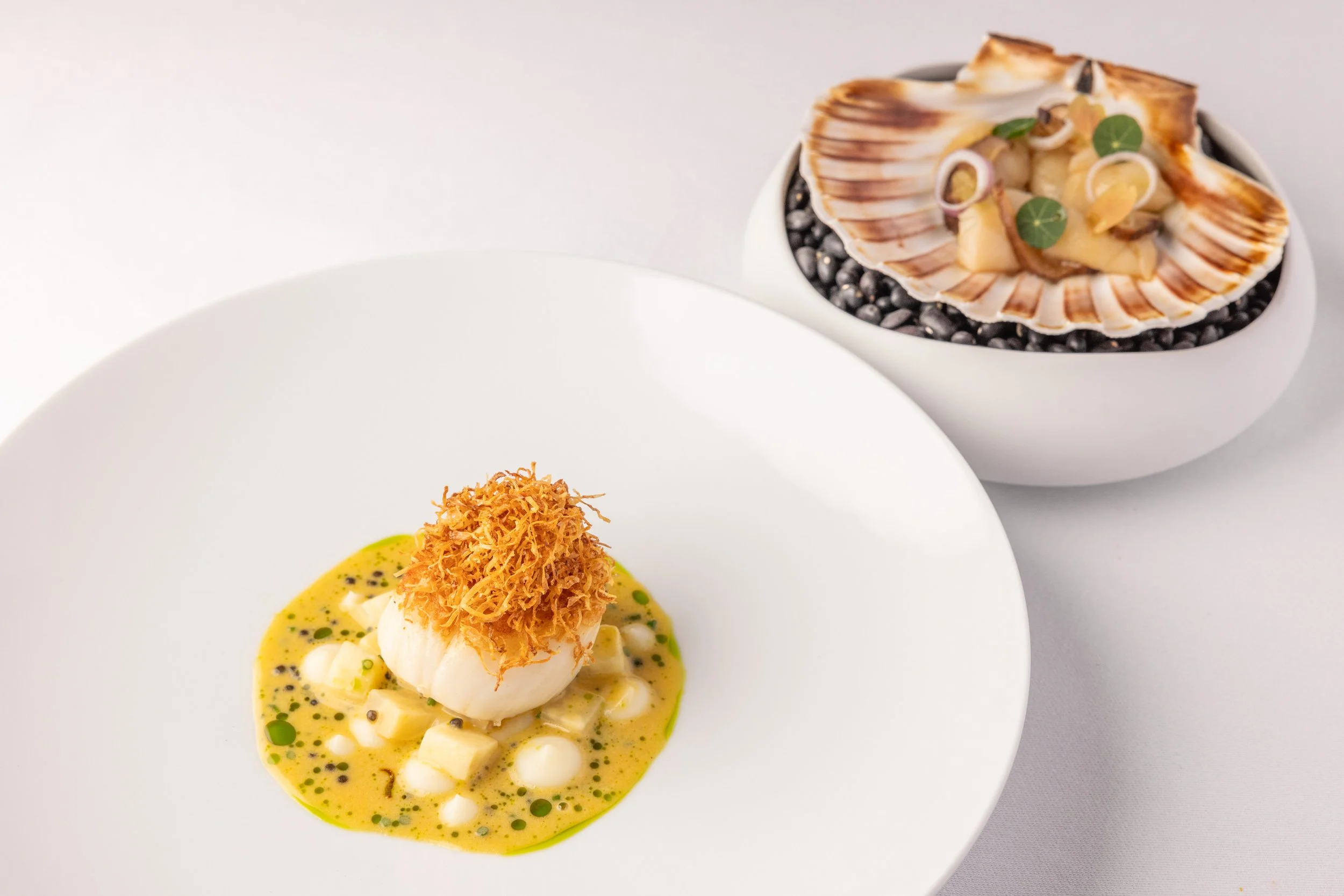 A plated dish features a poached egg topped with crispy shredded topping on a yellow sauce with small white cubes, green herb oil, and black sesame seeds. In the background, a scallop shell containing sliced scallops topped with green leaves, lemon w
