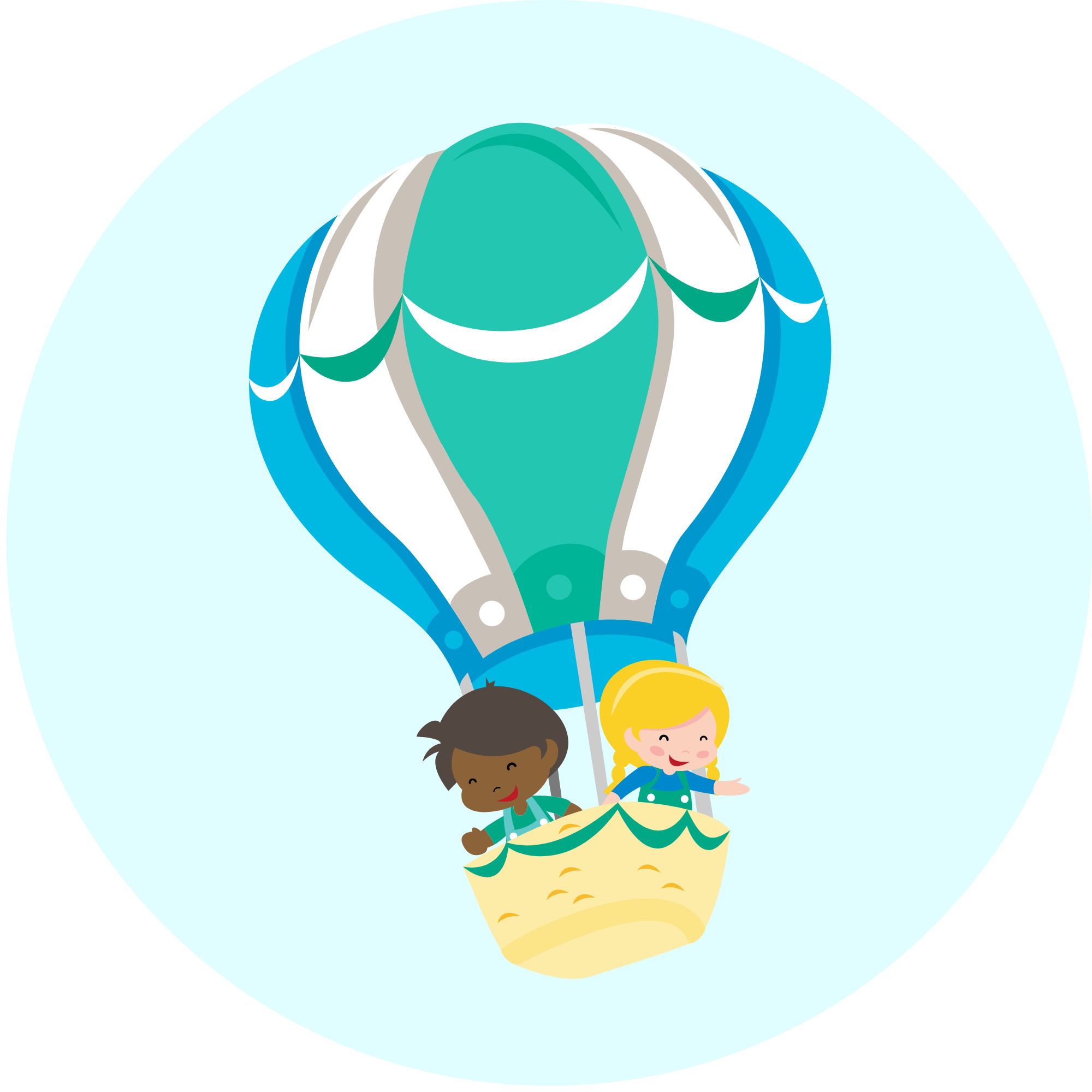 Two children, a boy and a girl, riding in a hot air balloon with a yellow and green patterned basket. The balloon is blue and green with decorative white accents. Graphic for Great Adventures Therapy.