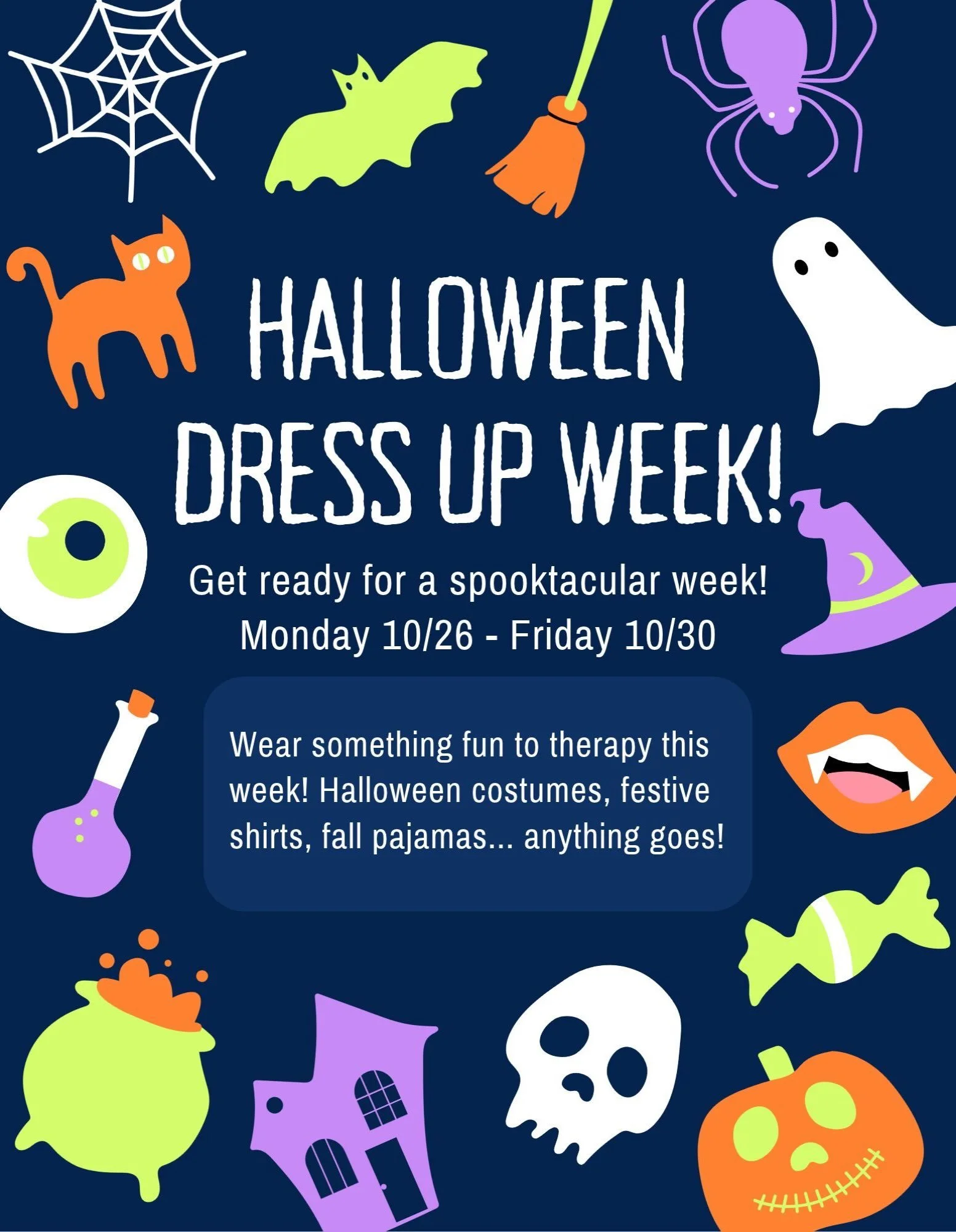 Just a little fun in our office next week! 🎃 

Kids can come in any festive attire and join our therapists in some dress-up fun!  Looking forward to seeing everyone next week!