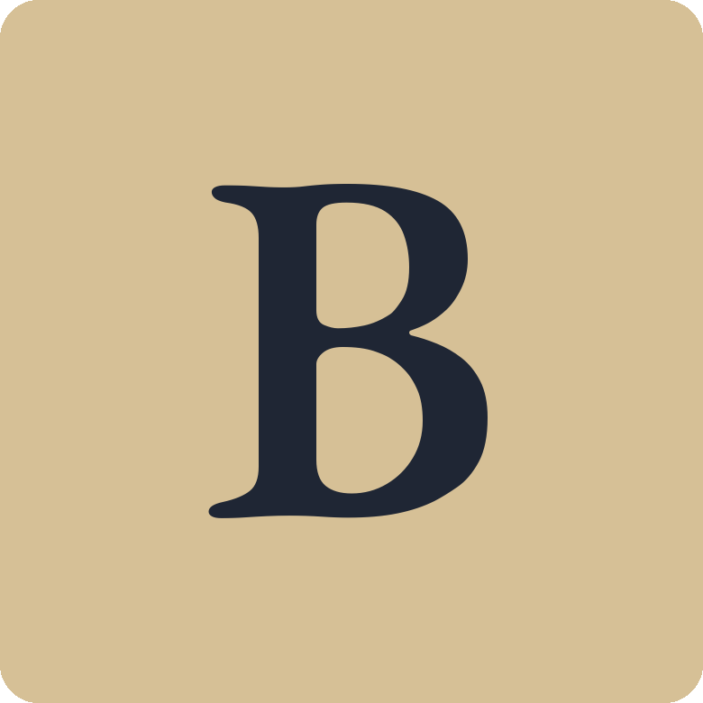 A beige square with a large, black letter B in the center.