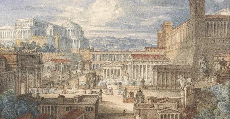 A detailed painting of an ancient Roman city with grand temples, statues, and classical architecture.