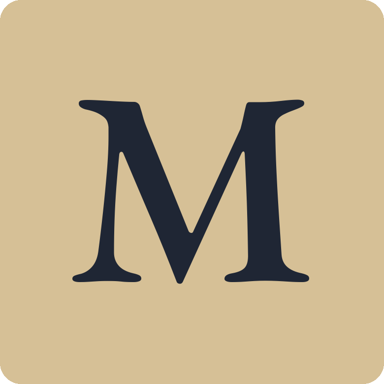 A beige background with a large, black letter 'M' in the center.