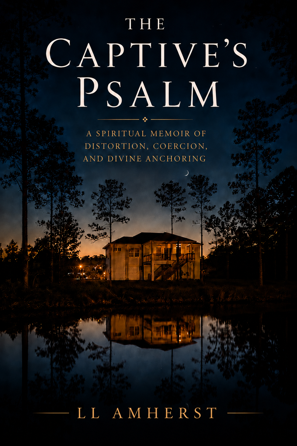 Cover of a book titled 'The Captive's Psalm' by LL Amherst, featuring a house illuminated at dusk reflected in a body of water with trees and a crescent moon in the sky.