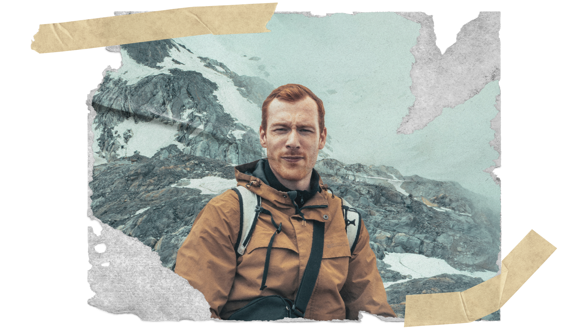 Dylan Burnside=Smith in outdoor gear stands in a rocky mountainous landscape with snow patches and cloudy sky in the background.