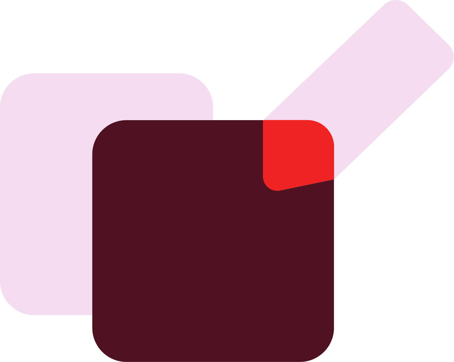 Abstract geometric shapes with rounded edges in shades of purple, red, and black on a black background.