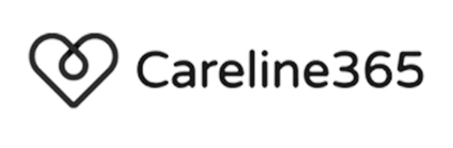 A black and white neon-style logo featuring a heart outline and the text 'Careline365'.