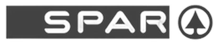 Close-up of the 'SPAR' logo with a search icon and a navigation icon on a gray background.