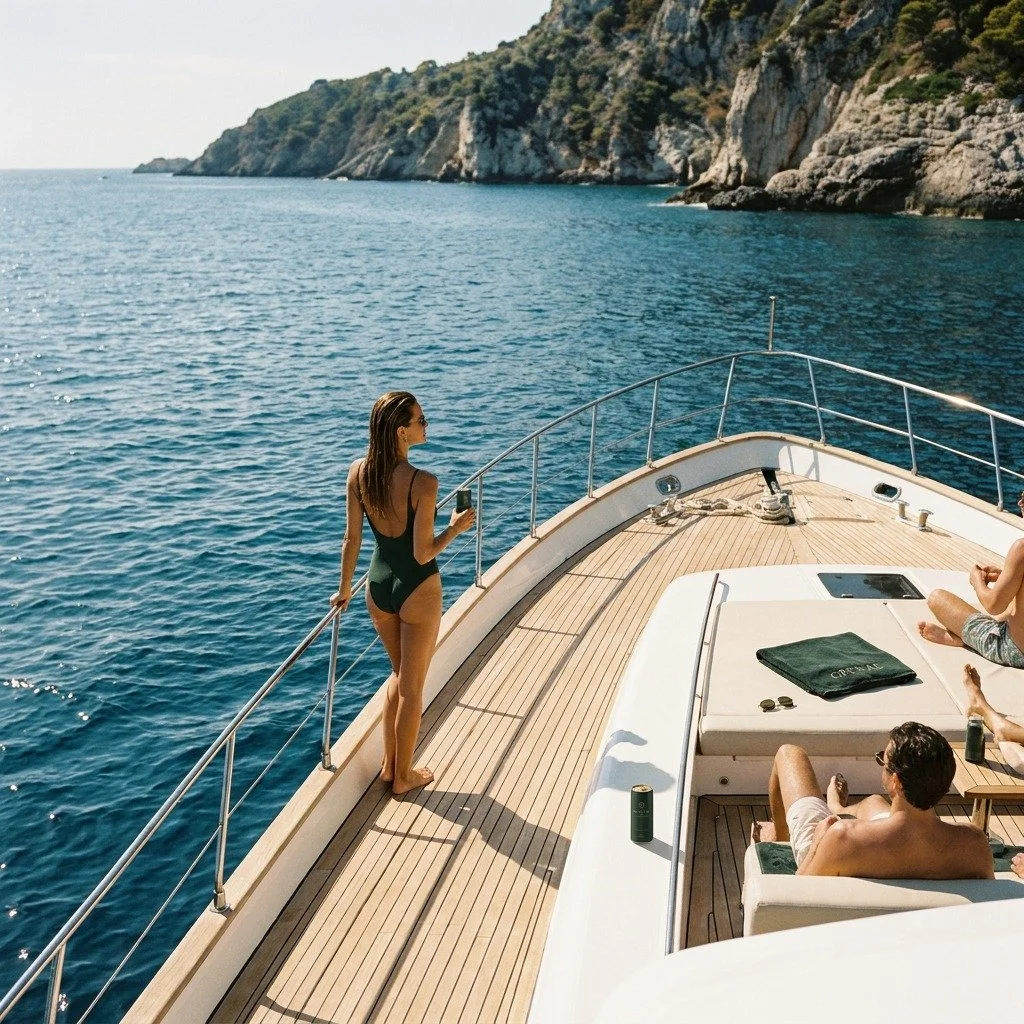 Superyacht at sea, a Grenae hospitality and sparkling water cans