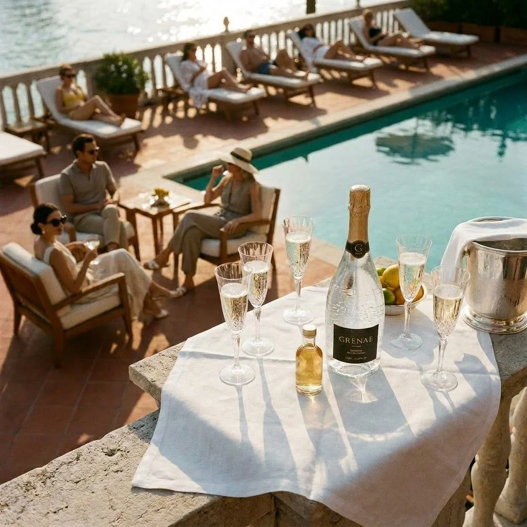 Upscale resort terrace, a Grenae hospitality placement setting