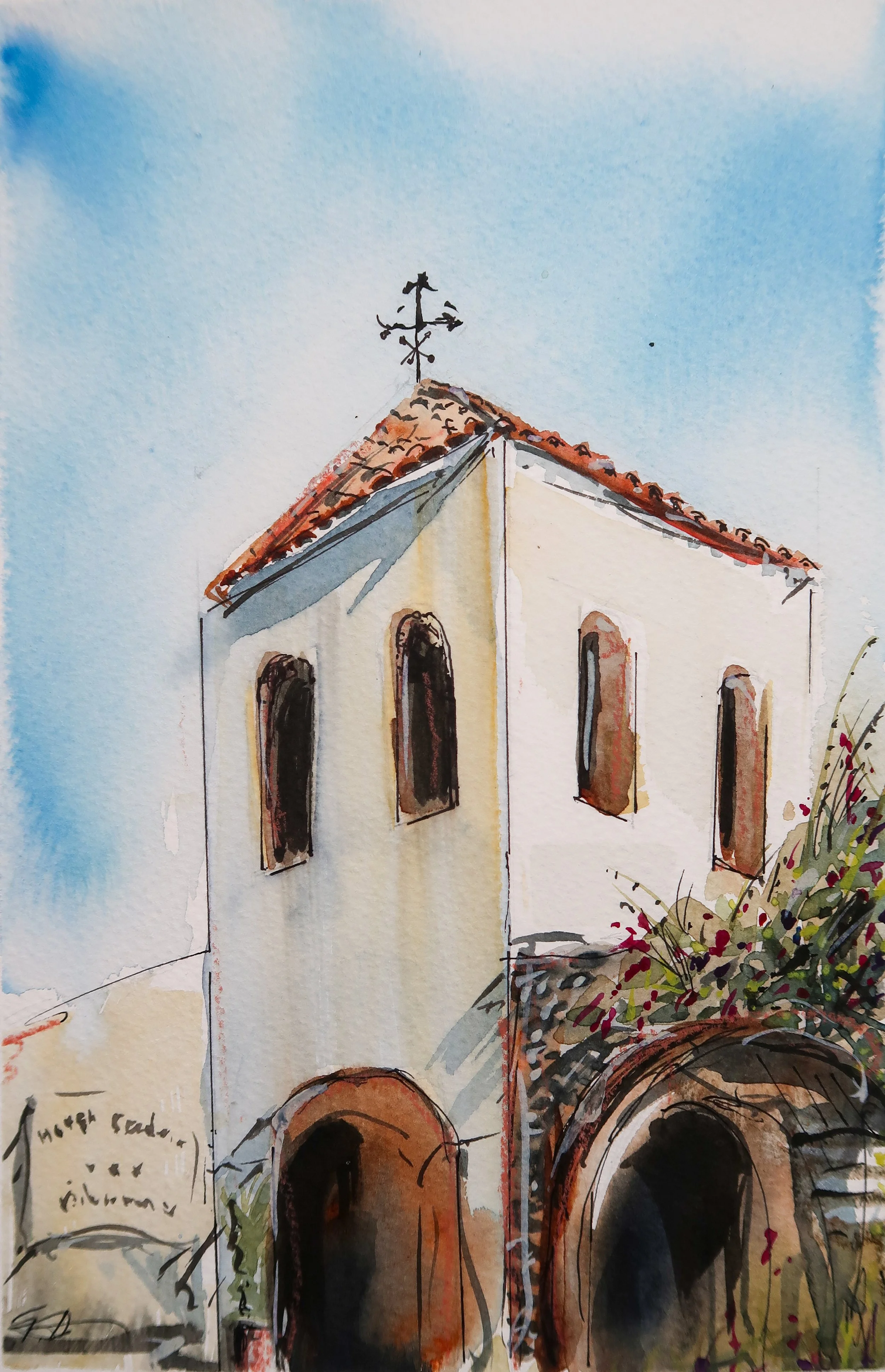 Watercolor painting of a church with a red tiled roof and a weather vane, surrounded by plants and trees, under a blue sky.