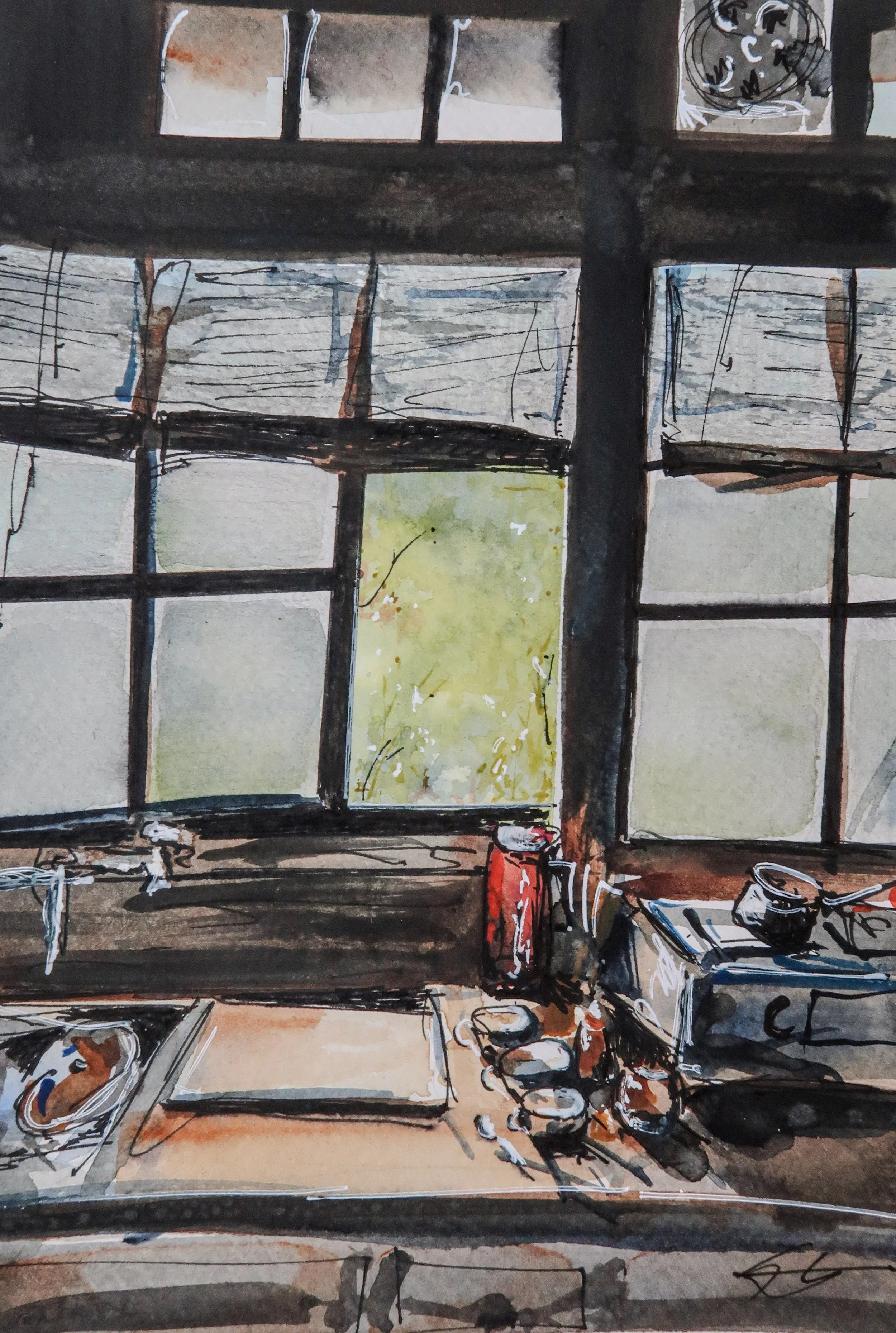 A watercolor-style painting of a kitchen scene with a table, kitchenware, and a window showing trees outside.