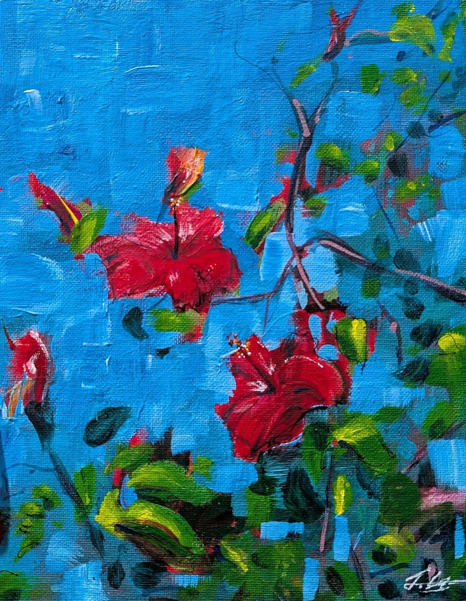 A close-up of a vibrant painting featuring red and orange flowers with green leaves and dark branches set against a textured blue background.