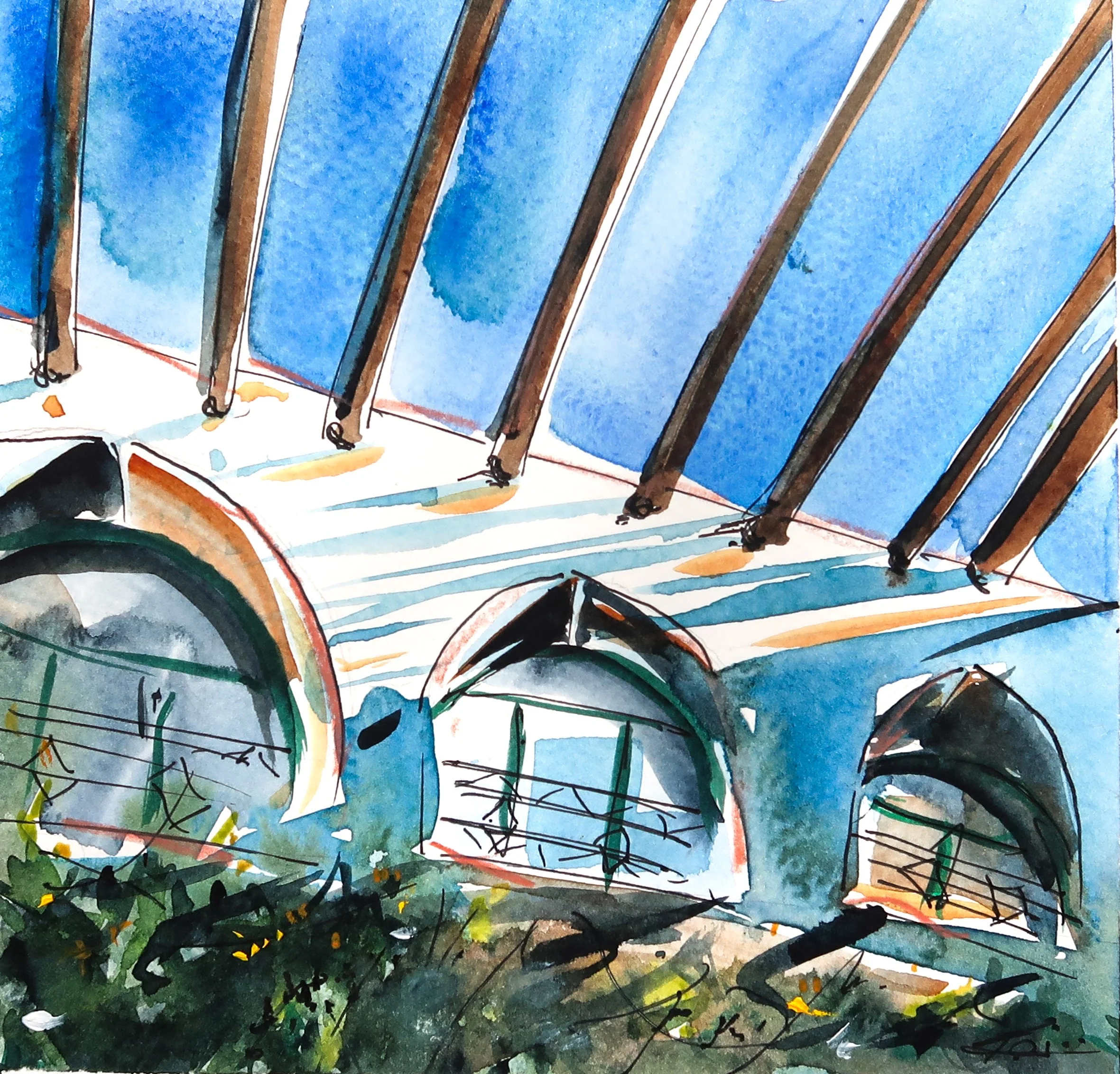 A watercolor painting of several blue umbrellas open and tilted in different directions, with black, green, and yellow abstract shapes and splashes in the background.