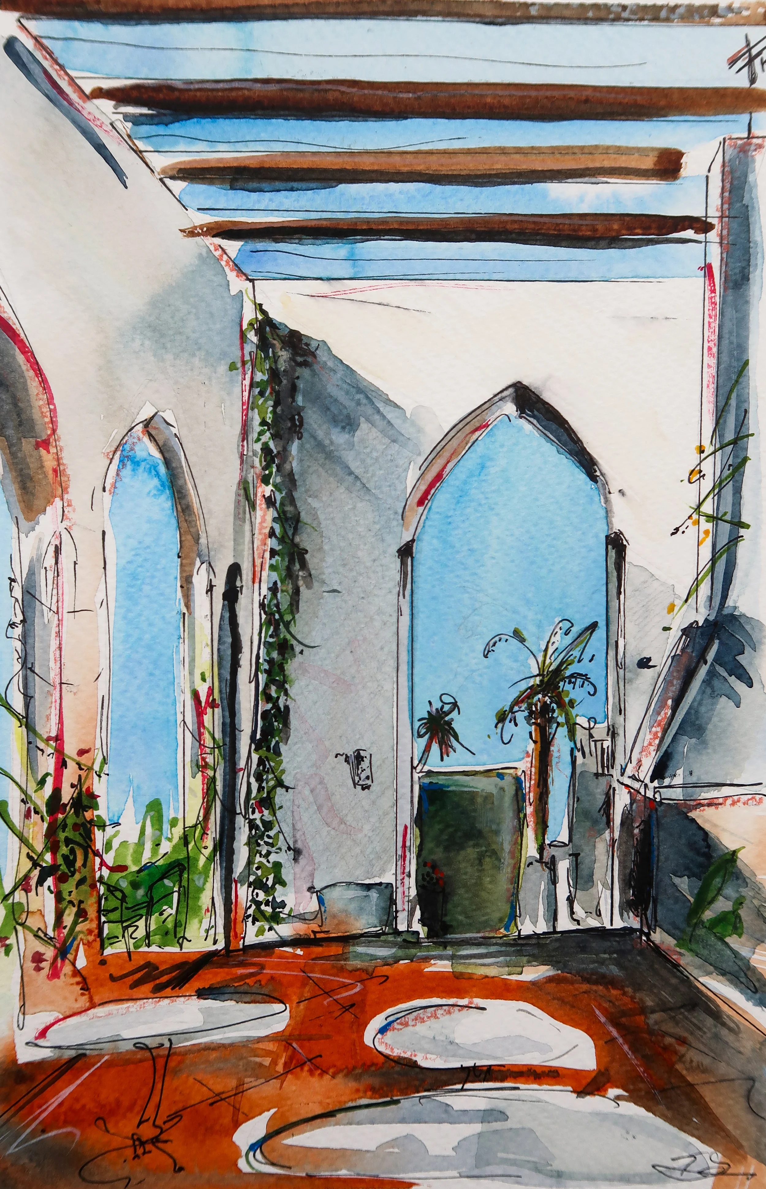 A watercolor painting of an interior scene with large doors and windows opening to an outdoor view of blue sky, with some greenery and trees. There are some plants and what appears to be a table or counter in the foreground.