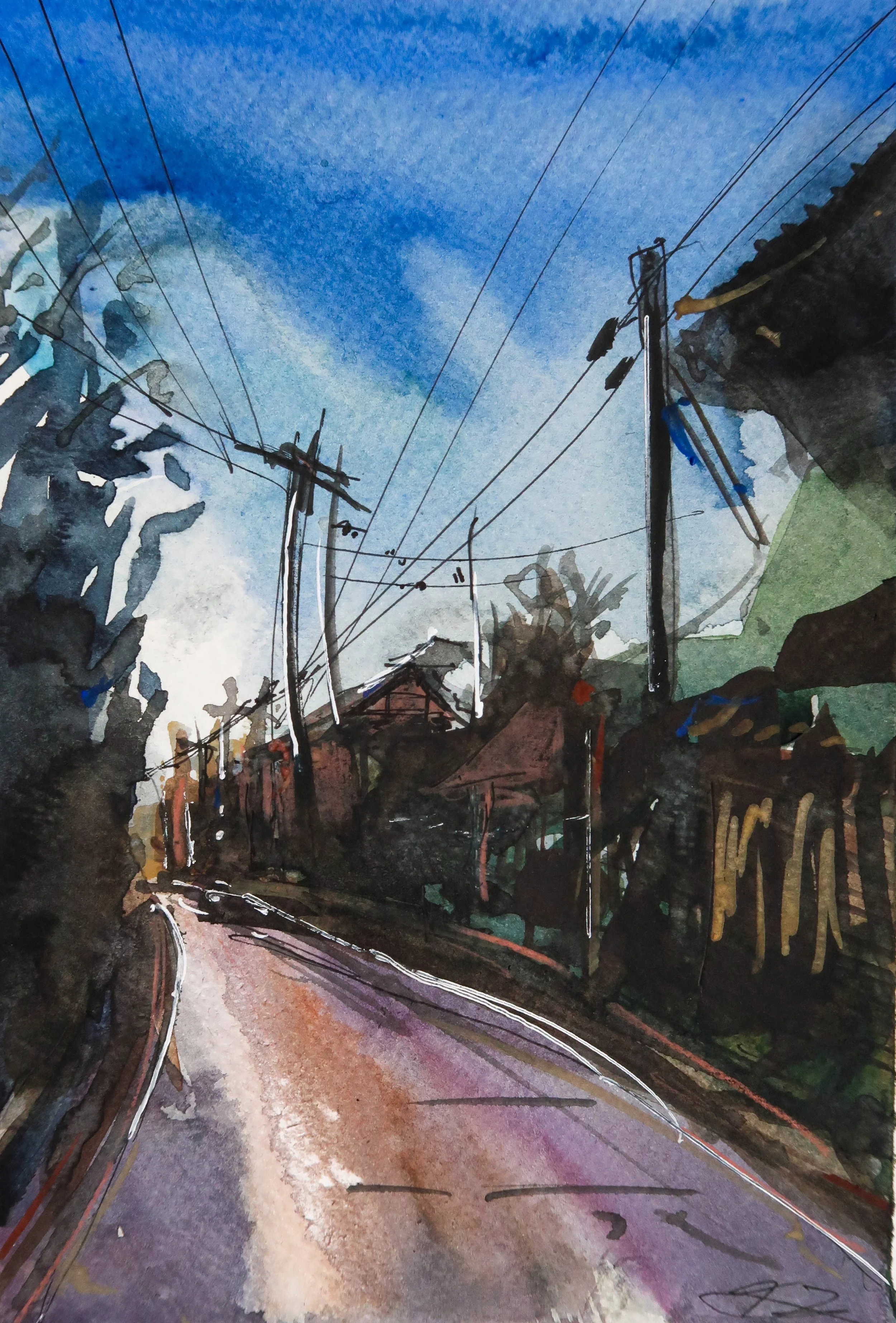 A watercolor painting of a rural street scene with power lines and a cloudy sky.