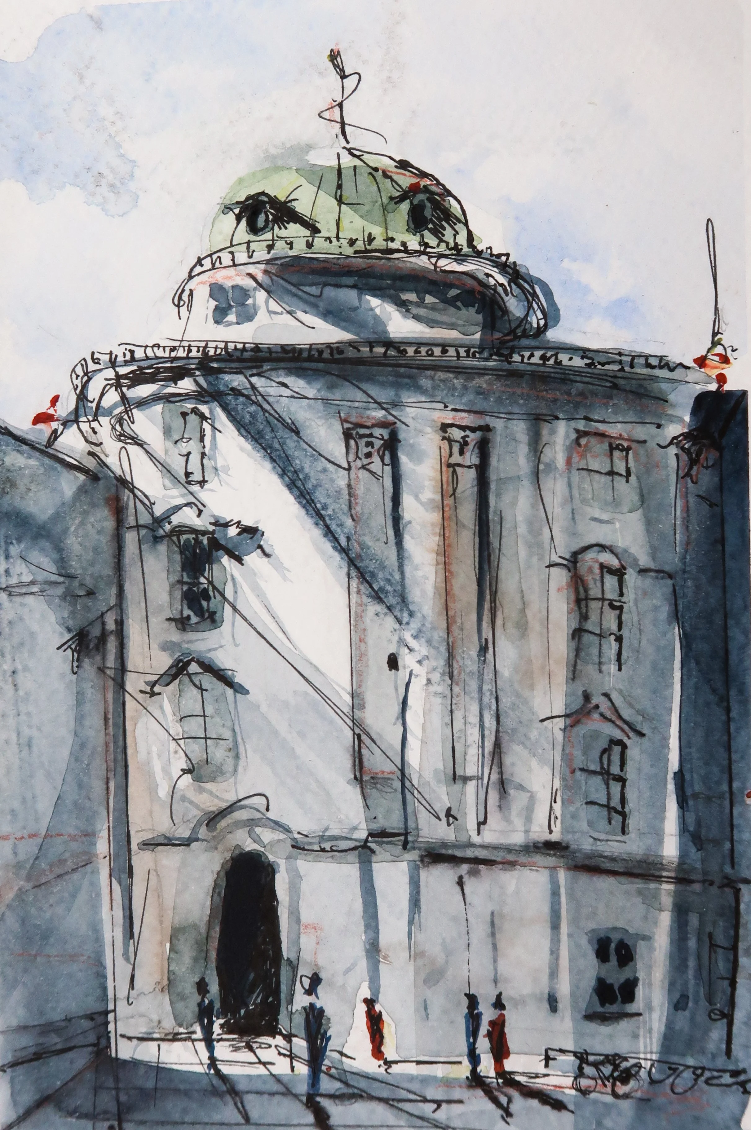 A watercolor and ink sketch of a grand historic building with a large dome, several smaller architectural features, and a group of small figures walking in front.