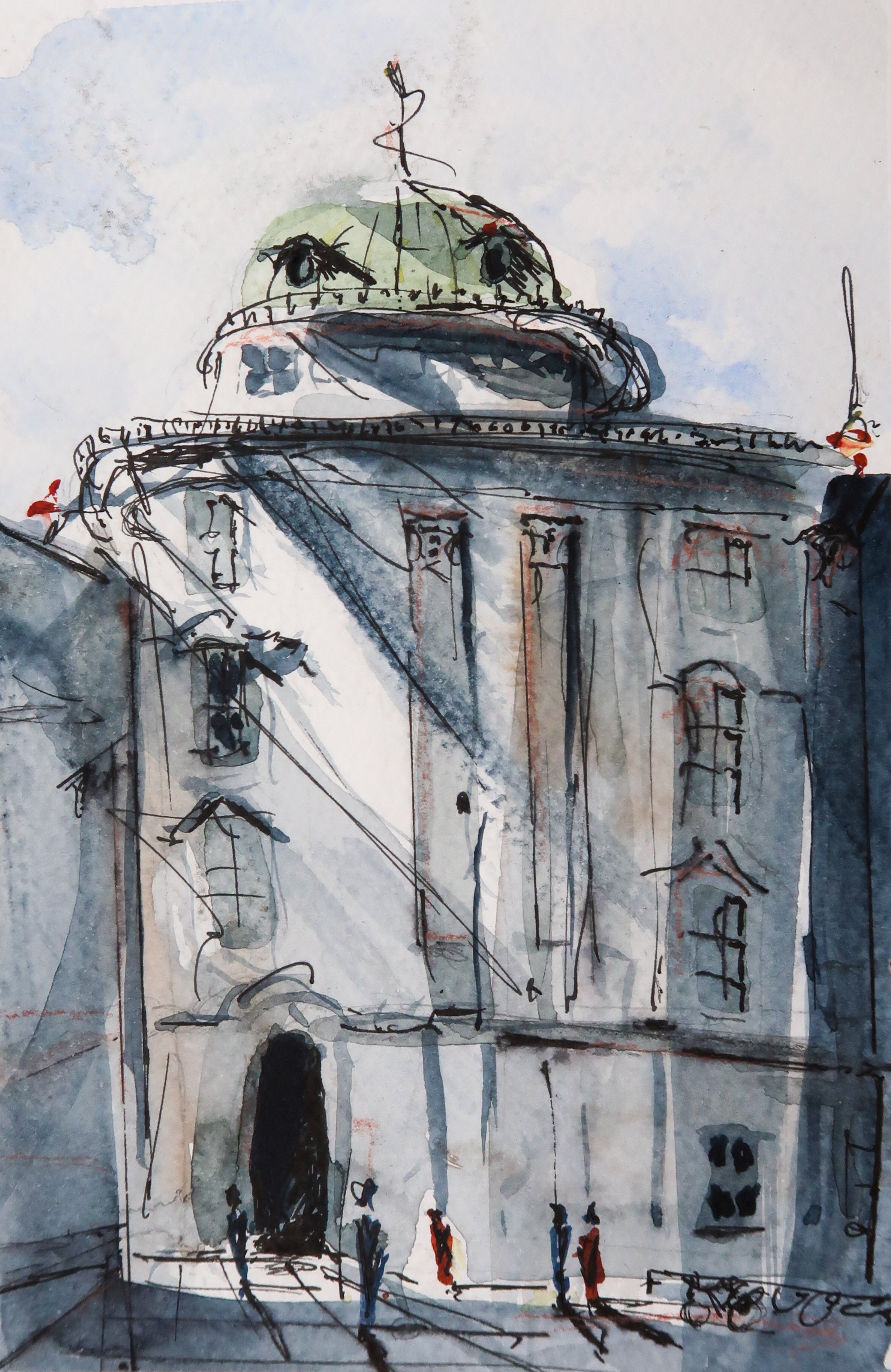 A watercolor sketch of a historic European building with a detailed dome and statues on the roof, with people walking in front and power lines crossing the scene.