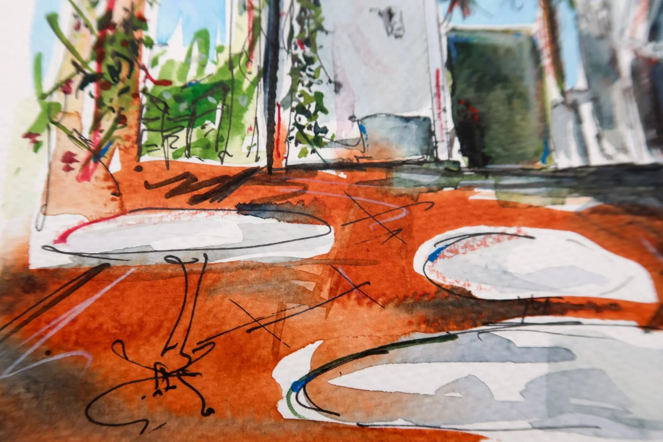 A colorful abstract painting with various shapes and lines, featuring green, orange, blue, red, and white colors.