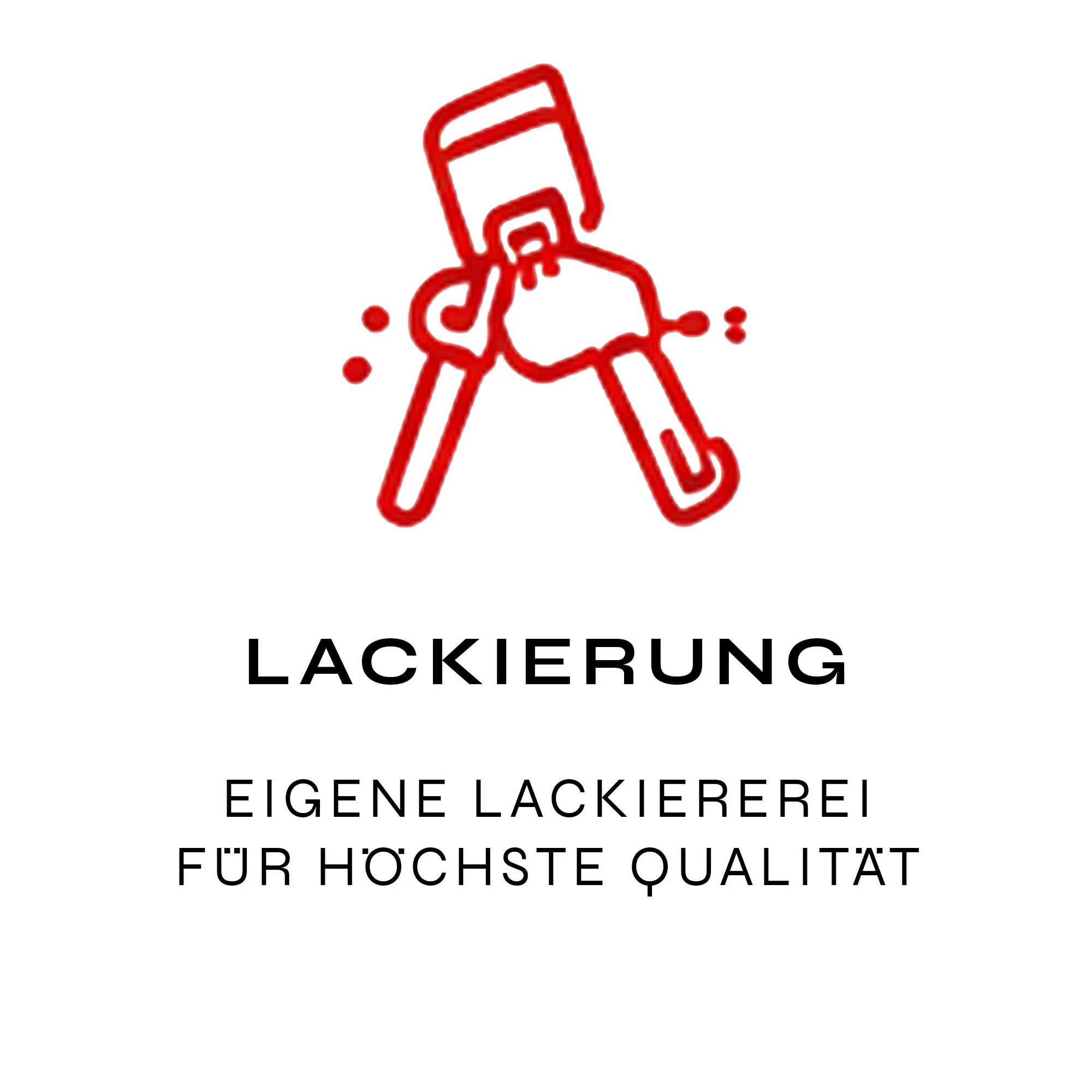 Grafik eines roten Spritzpistolen-Symbols mit darunterstehendem Text: "Lackierung" und weitere deutsche Beschreibungen zu hochwertiger eigener Lackiererei.