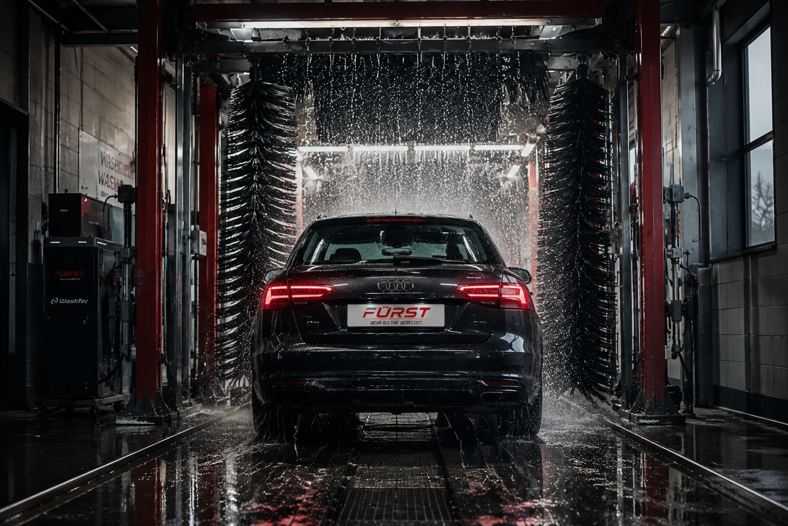 Schwarzer Audi im Waschanlagenbereich, umgeben von rot und schwarz Waschbürsten, viele Wasser- und Seifen spritzende Wassertröpfchen, helle Innenbeleuchtung und Fenster auf der rechten Seite.