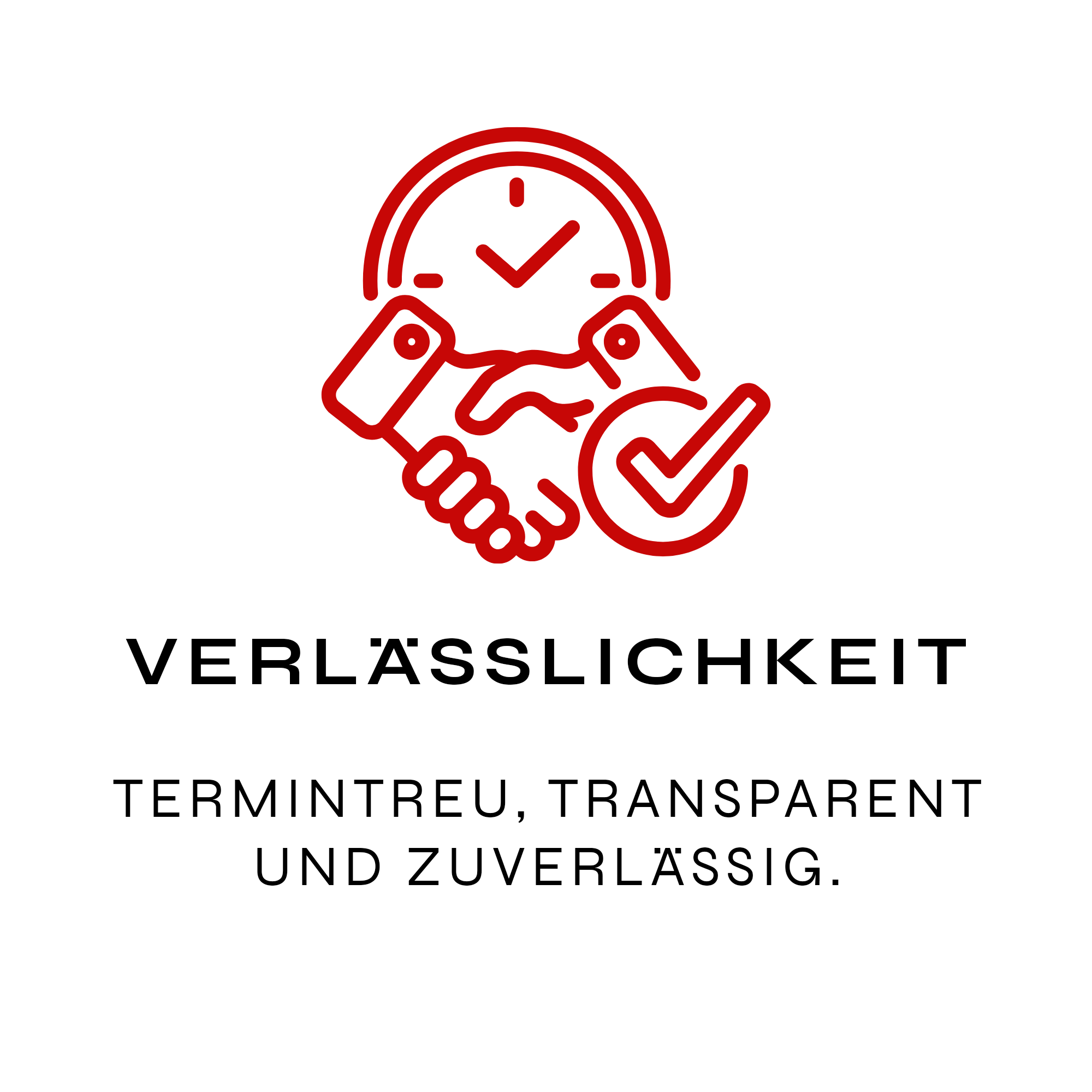 Symbol für Verlässlichkeit mit einem Uhren- und Handschlag-Design und Text auf Deutsch