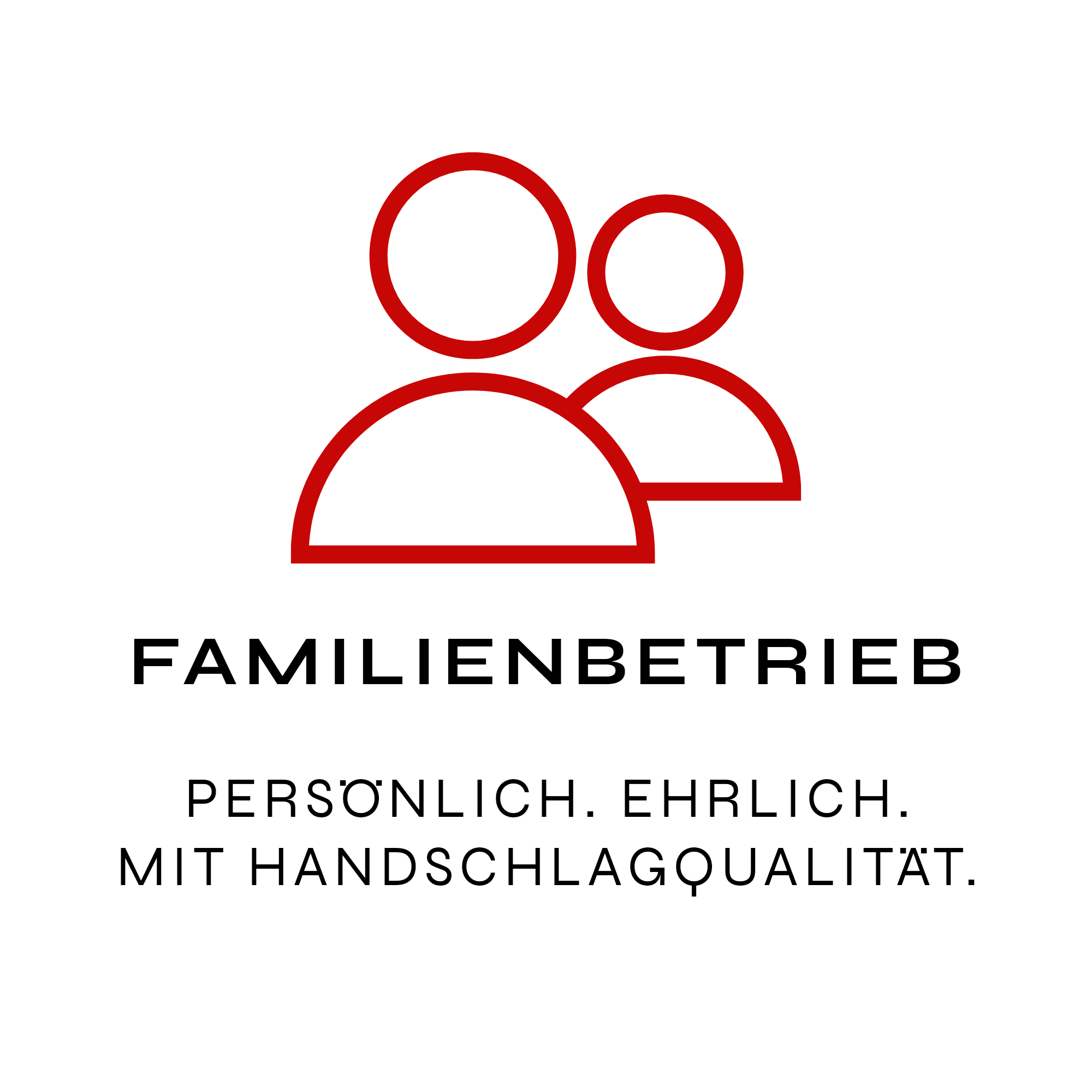 Logo mit zwei stilisierten roten Menschen und dem Text "FAMILIENBERUHR" darunter, gefolgt von deutschen Texten, die persönliche Werte wie Ehrlichkeit, Mitmenschlichkeit, Achtsamkeit, Respekt, Verlässlichkeit und Wertschätzung betonen.