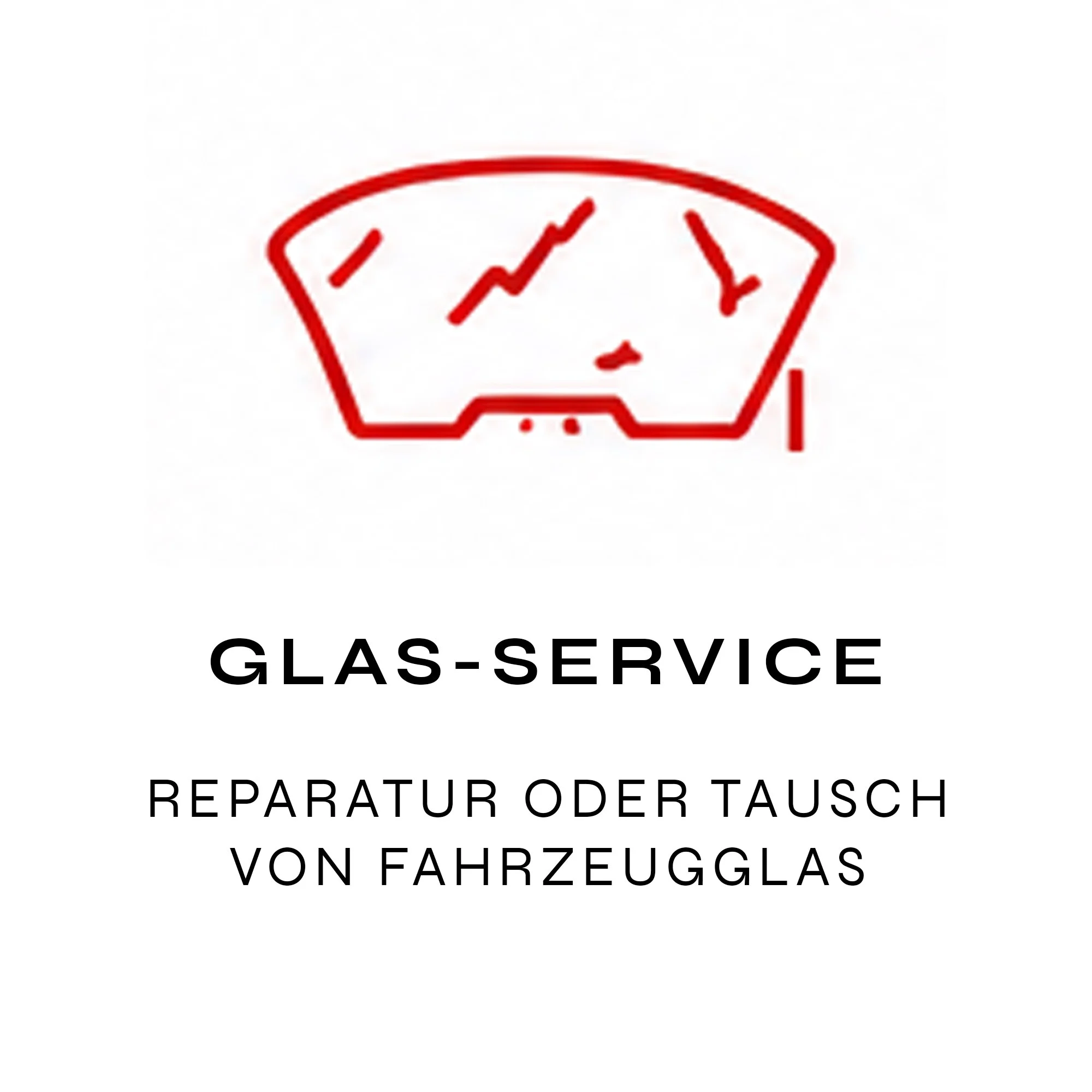 Ein Logo für den Glasservice, bestehend aus einer roten Umrandung eines Automobilglases mit einem stilisierten Aufwärtstrend in der Mitte, darunter schwarzer Text: "GLASSERVICE" und weitere Beschreibung in kleineren Buchstaben.