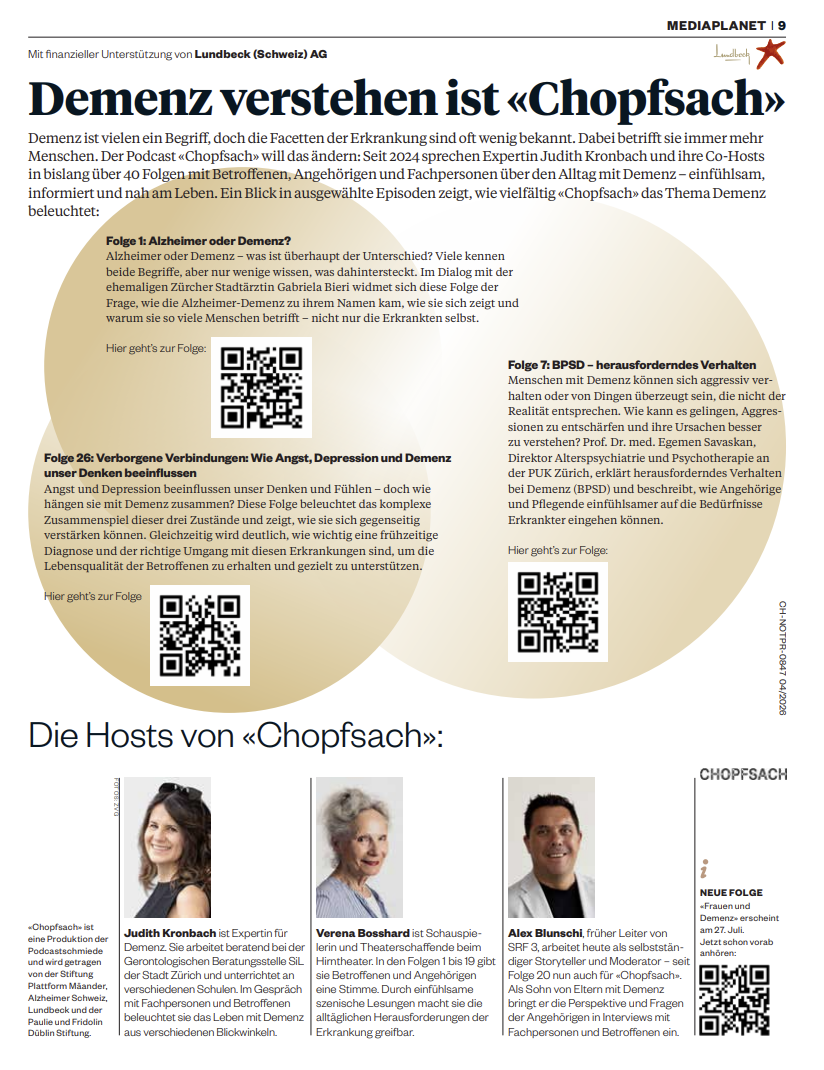 A newsletter page discussing Alzheimer's disease and dementia, featuring two articles with QR codes, and sections introducing hosts Judith Kronbach, Verena Bosshard, and Alex Blunschi, including their photos and brief descriptions.
