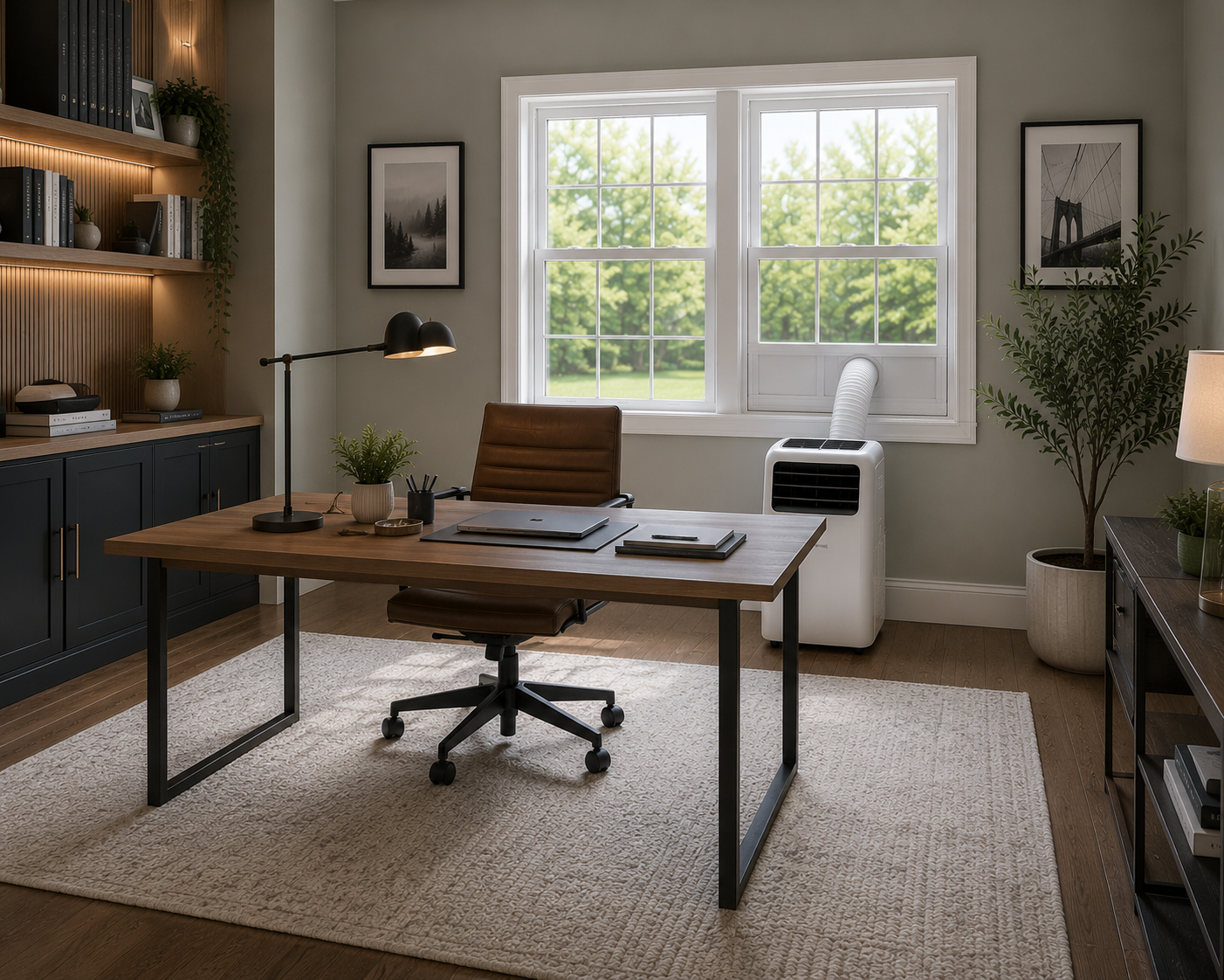 Modern home office with wood desk, leather chair, large window showing green trees, air conditioner, bookshelves, potted plants, and framed black-and-white photos.