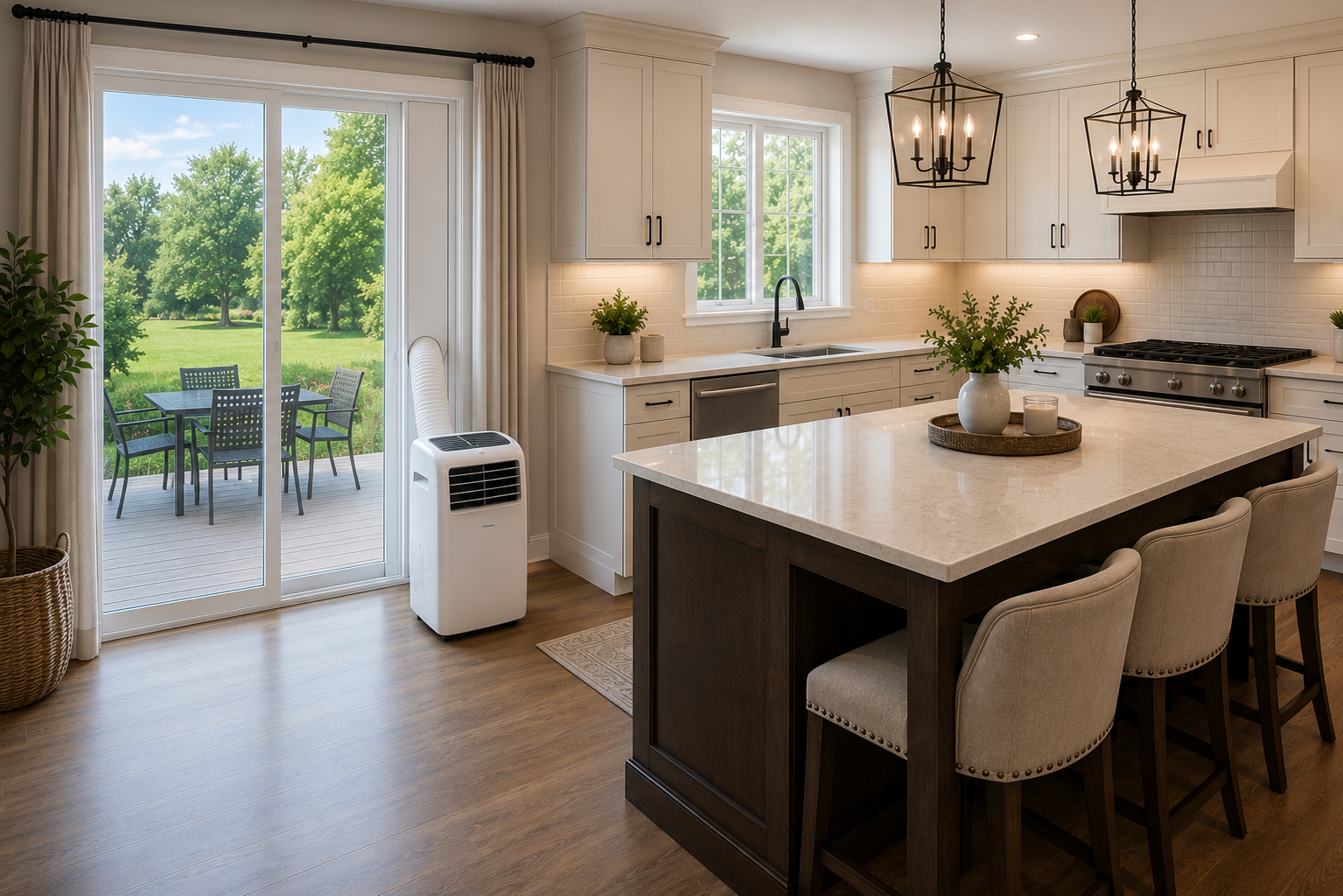 Modern kitchen with white cabinets, marble island, stainless steel appliances, and glass sliding door leading to a patio with outdoor dining set, overlooking green trees.