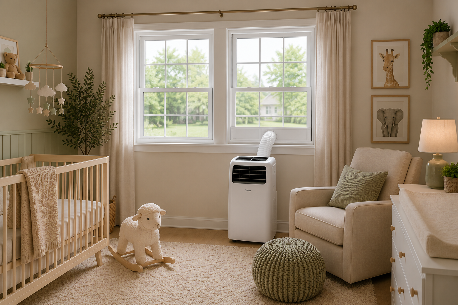 A cozy nursery with a light color scheme, featuring a crib with a beige blanket, a plush sheep toy on a rocking base, a rocking chair with a green pillow, a white dresser with a lamp and plant, framed animal prints on the wall, a potted plant on a shelf, curtains, and a window with a view of trees outside.