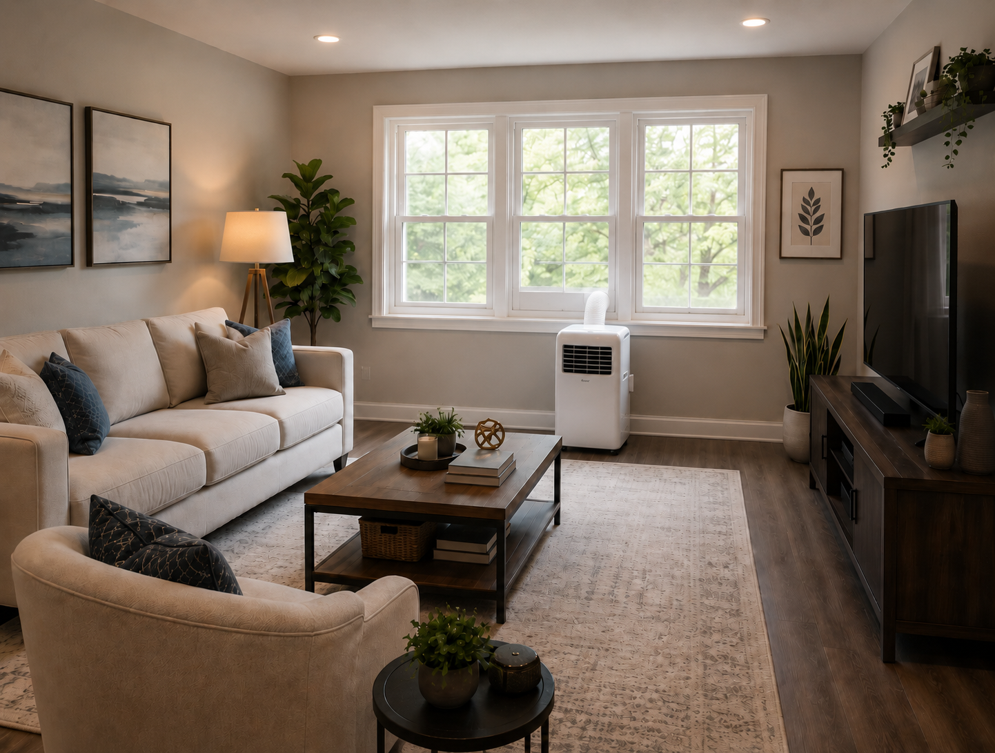 Living room with beige sofa, armchair, wooden coffee table, TV, plants, window, artwork, and a space heater.