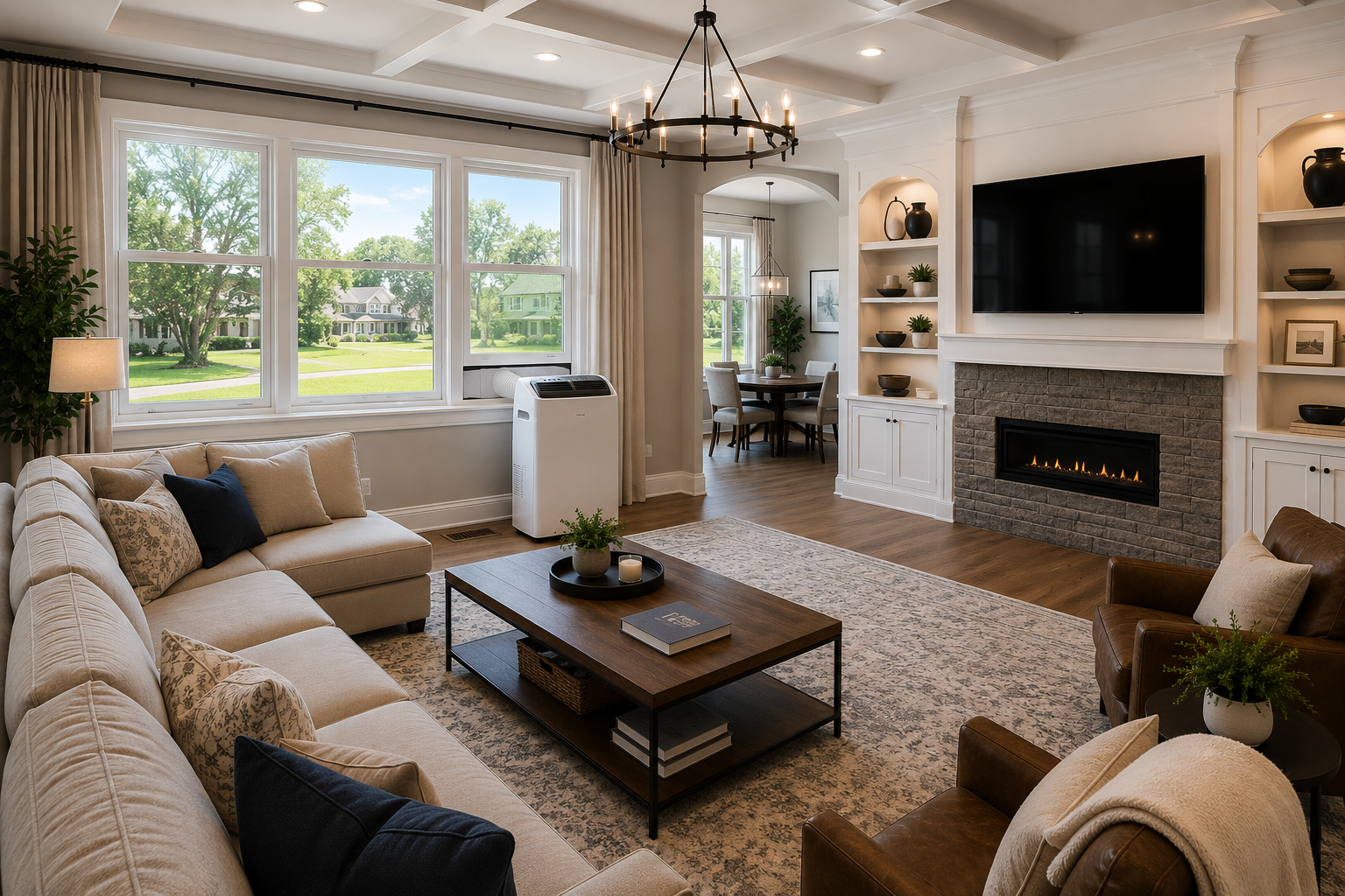 Living room with beige sectional sofa, hardwood floors, fireplace, wall-mounted TV, bookshelves, and a large window showing a green yard and trees