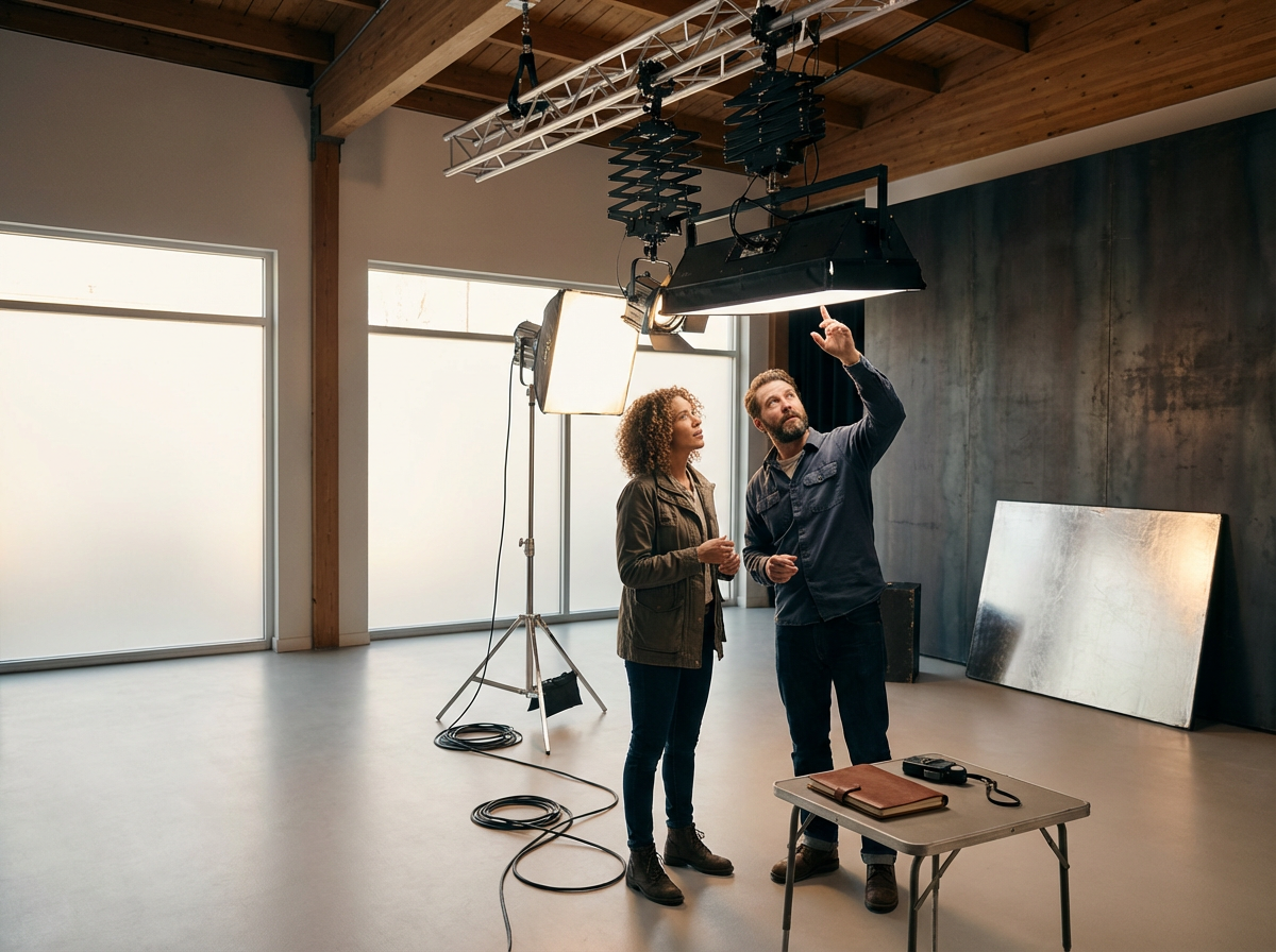 Two people, a man and a woman, are in a photography studio with professional lighting equipment. The man is pointing upward, likely explaining something about the setup to the woman. There is a large, reflective surface leaning against the wall and some equipment on a small table.