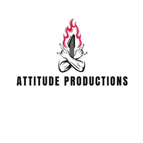 Logo with a flaming dagger between two raised hands and crossed arms below, with the text 'Attitude Productions' underneath.