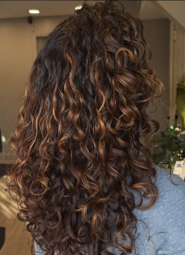 Back of a woman with long, curly brown hair with highlights, indoors, wearing a gray top.